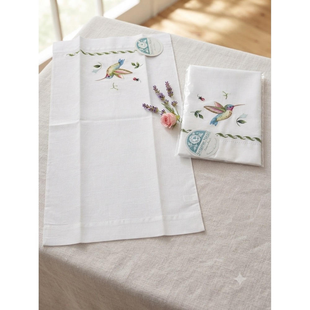 Suzanne‎ Nicoll Hummingbird Embroidered Guest Towels Set of 2 Linen Cotton White